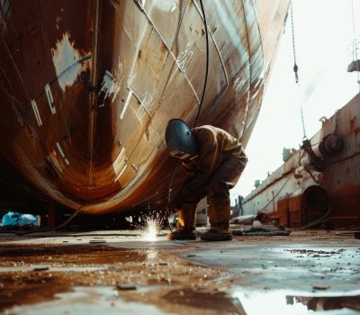 A worker, clad in protective gear, welds a massive ship in a dockyard, with sparks flying, highlighting the intensity and skill of industrial labor. A worker, clad in protective gear, welds a massive ship in a dockyard, with sparks flying, highlighting the intensity and skill of industrial labor.